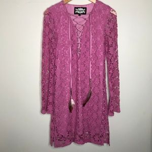 Meghan LA Long Sleeve Lace Dress with Lace Up Neck